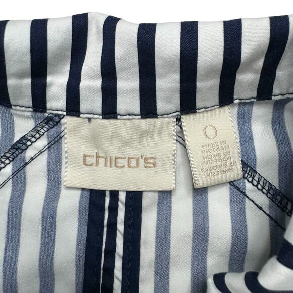 CHICOS Blue White Stripe Sateen Cotton Crochet Jacket Size Small (0) Gold Button - Picture 7 of 11